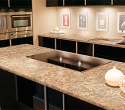 Cambria Countertops Nottingham™ Natural Stone Surface – Complementary Designs: Cambria Black™ and Hazelford™