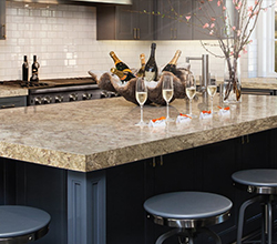 Cambria Countertops Brittanicca Natural Stone Surface, Complementary Designs: Weybourne™ and Daron™