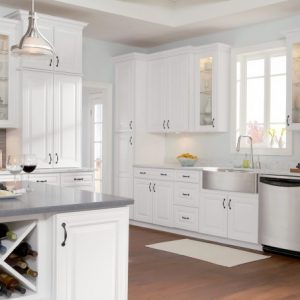 Timberlake Cabinetry Style: Tucson Material: Maple Painted: Linen with Beadboard Center Panel